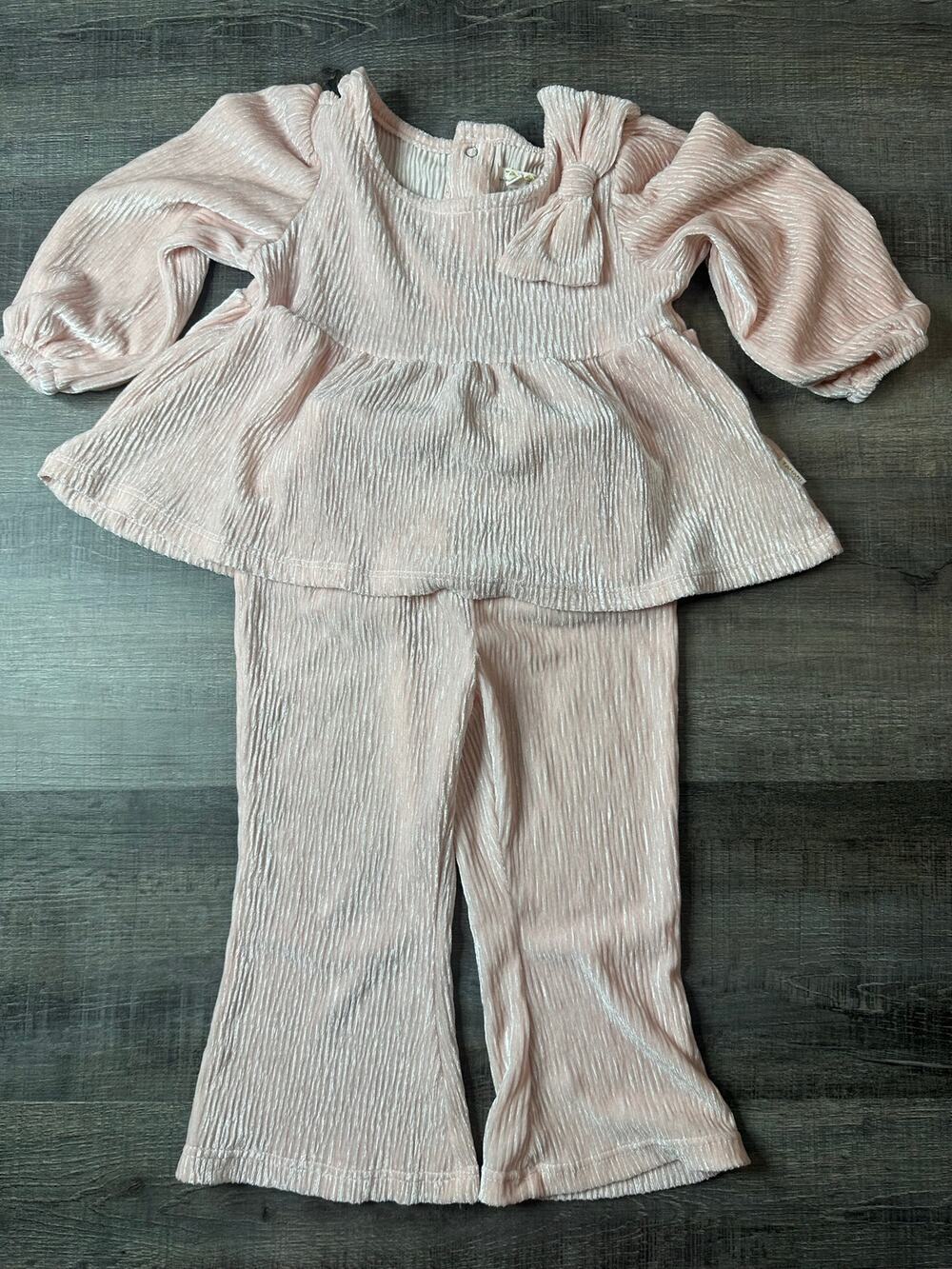 Tahari Baby Girl 3PC Peplum Top Pants Bow Headband Set Pink 12 Month